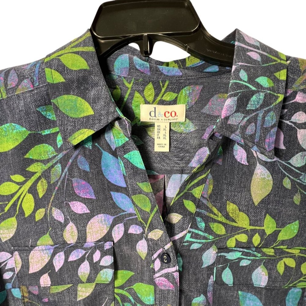 D & Co Button Up Shirt Multicolor Leaf Print Long Sleeve Large Denim Co Roll Tab